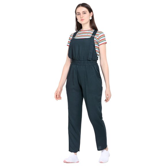 Women Solid Dungaree With Strip Printed Crop Top - Picture 2 of 4
